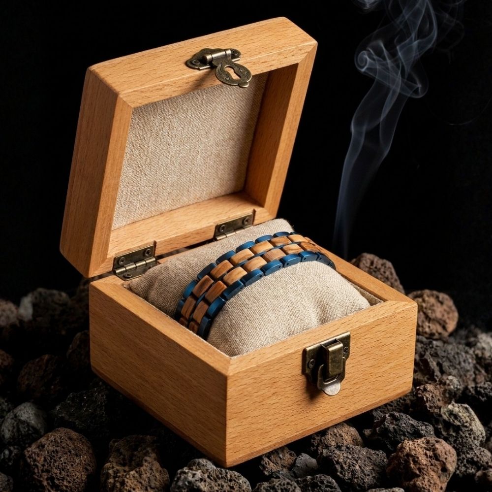 Ecrin en bois du bracelet homme Sequoia Bleu Olivier - coffret cadeau The Wood Stock