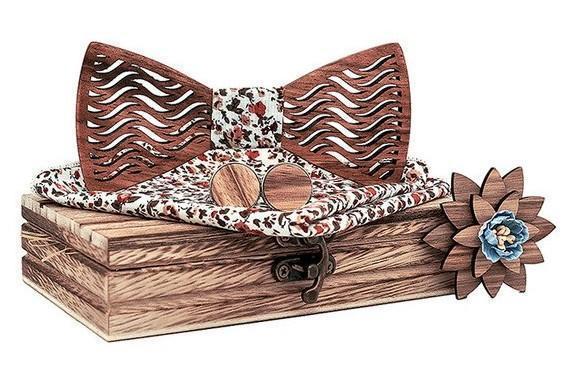 Coffret Noeud Papillon Bois - Stripe Fleuri