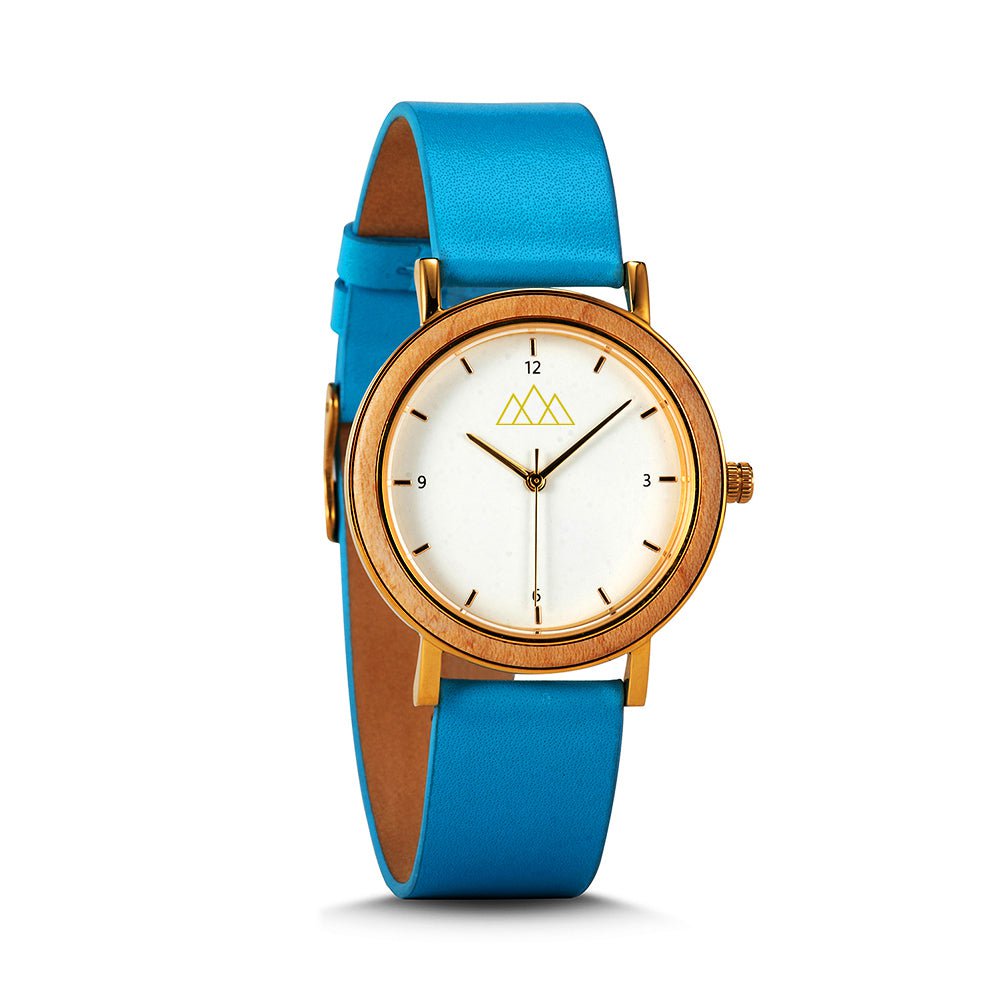 Montre en Bois Femme Bleue cuir