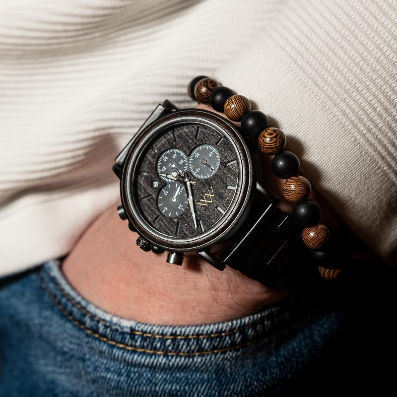 montre en bois homme noir cadran