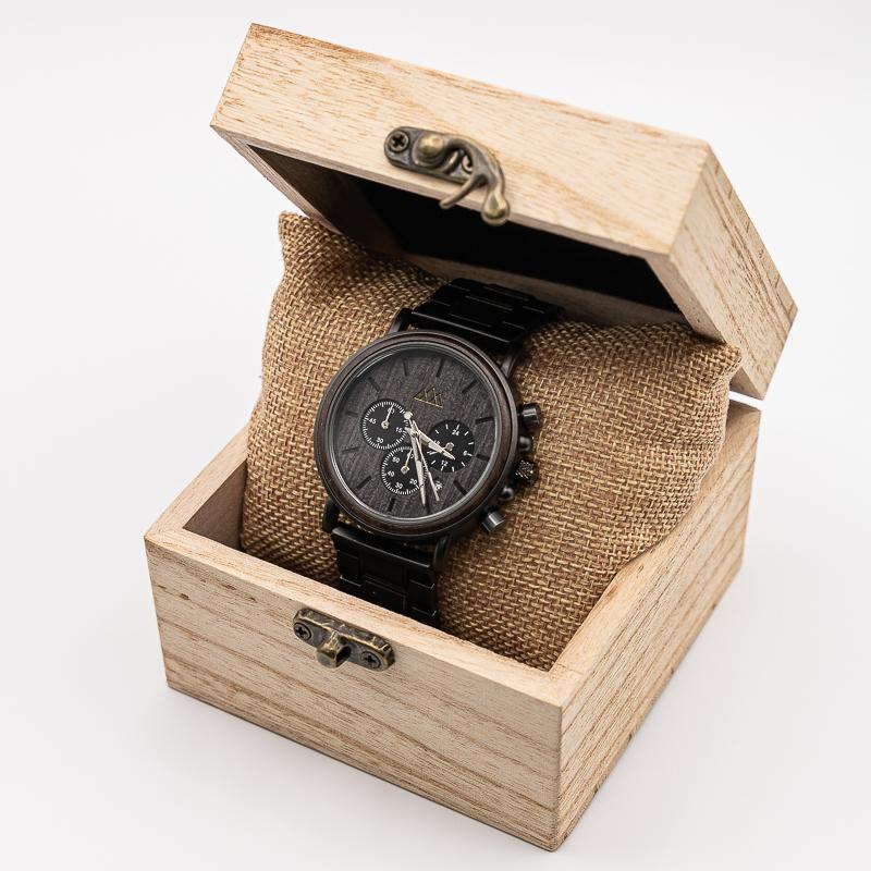 montre en bois homme noir boite