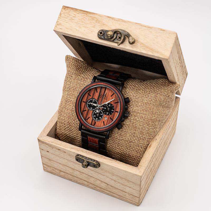 Montre en Bois rouge et noir boitier