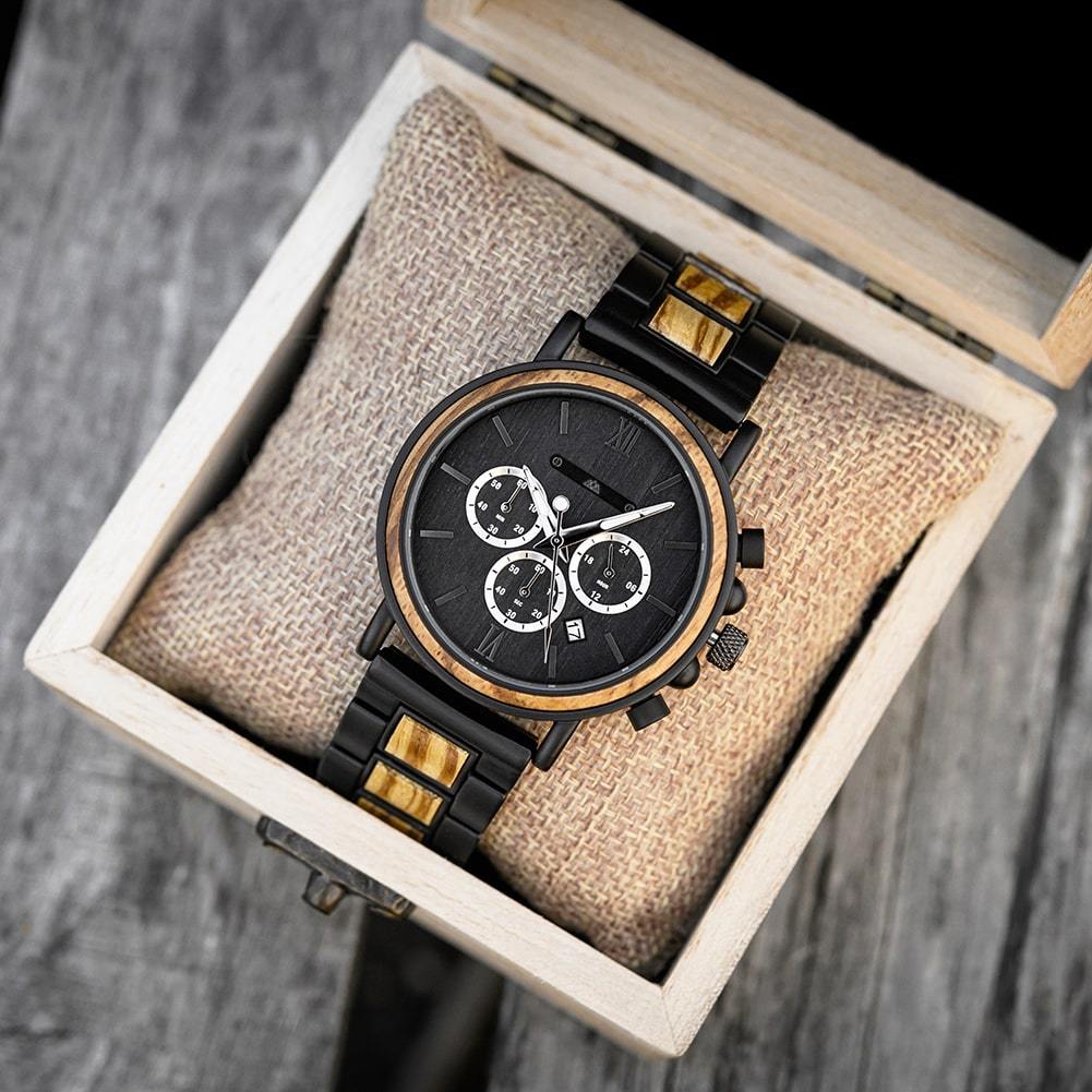 Montre en bois Homme noir et or