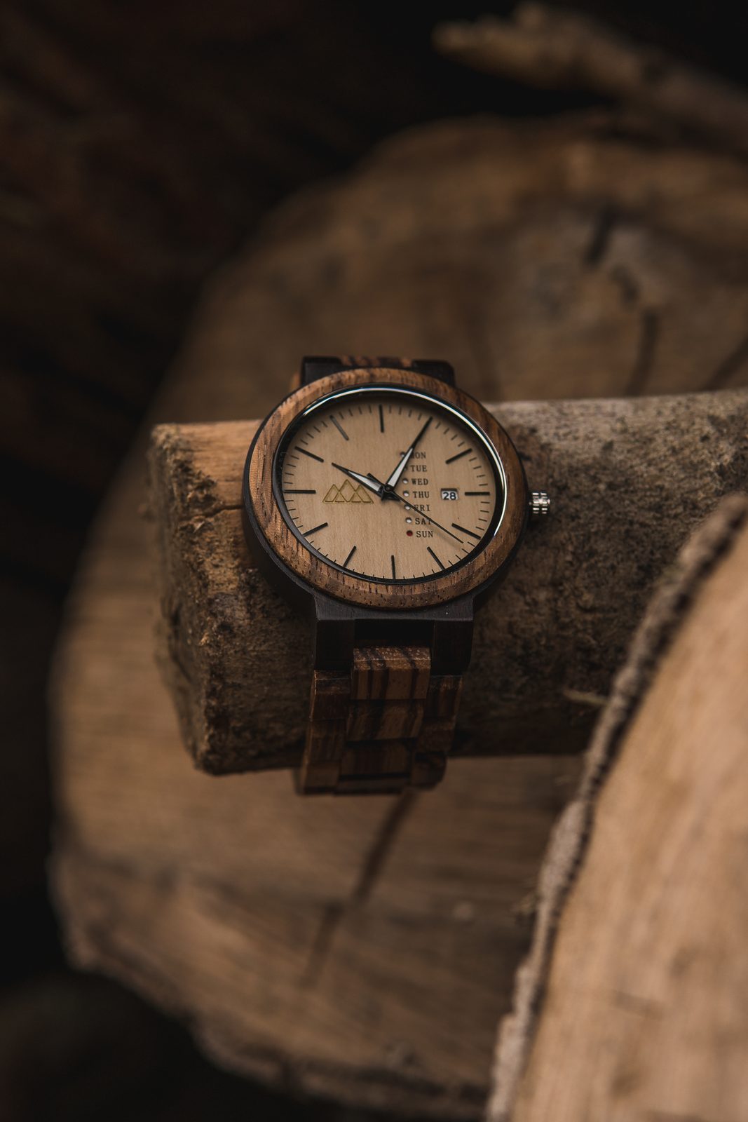 Montre en bois The Wood Stock posée sur un rondin, en forêt