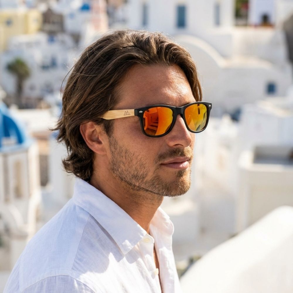 Lunette de Soleil Bois Homme - Wayfarer Noir Orange