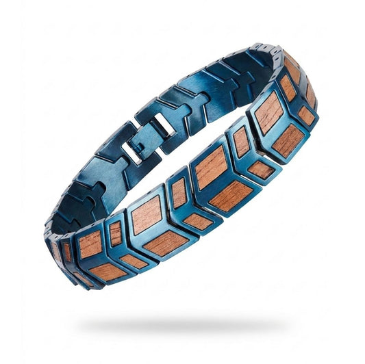 Bracelet homme bois et acier Orwell Bleu Noyer - motif chevrons acier bleu et bois de noyer, vue de face