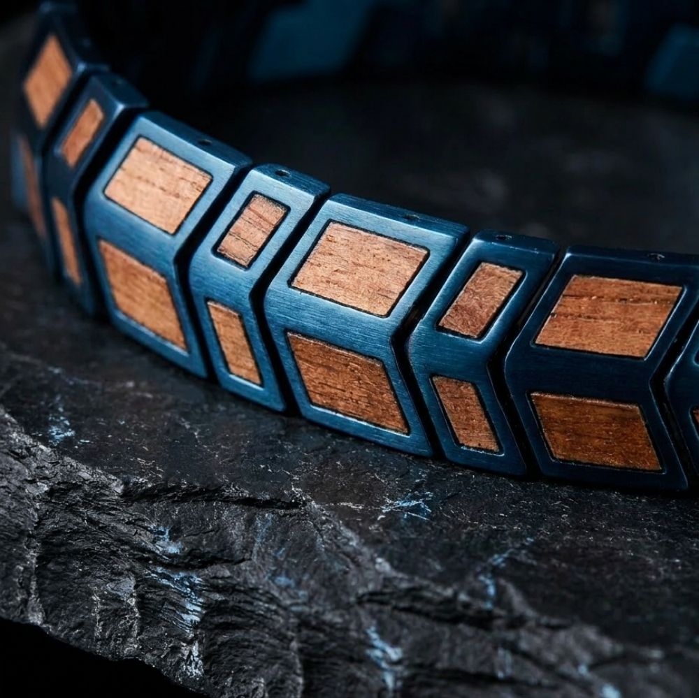 Gros plan sur le motif chevrons du bracelet Orwell Bleu Noyer - acier bleu brosse et grain du noyer
