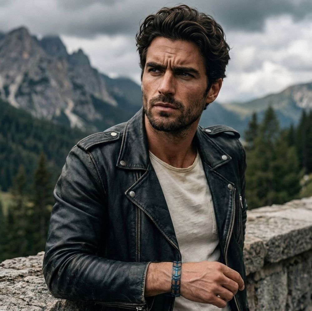 Homme portant le bracelet Orwell Bleu Noyer en veste de cuir face a un paysage de montagne