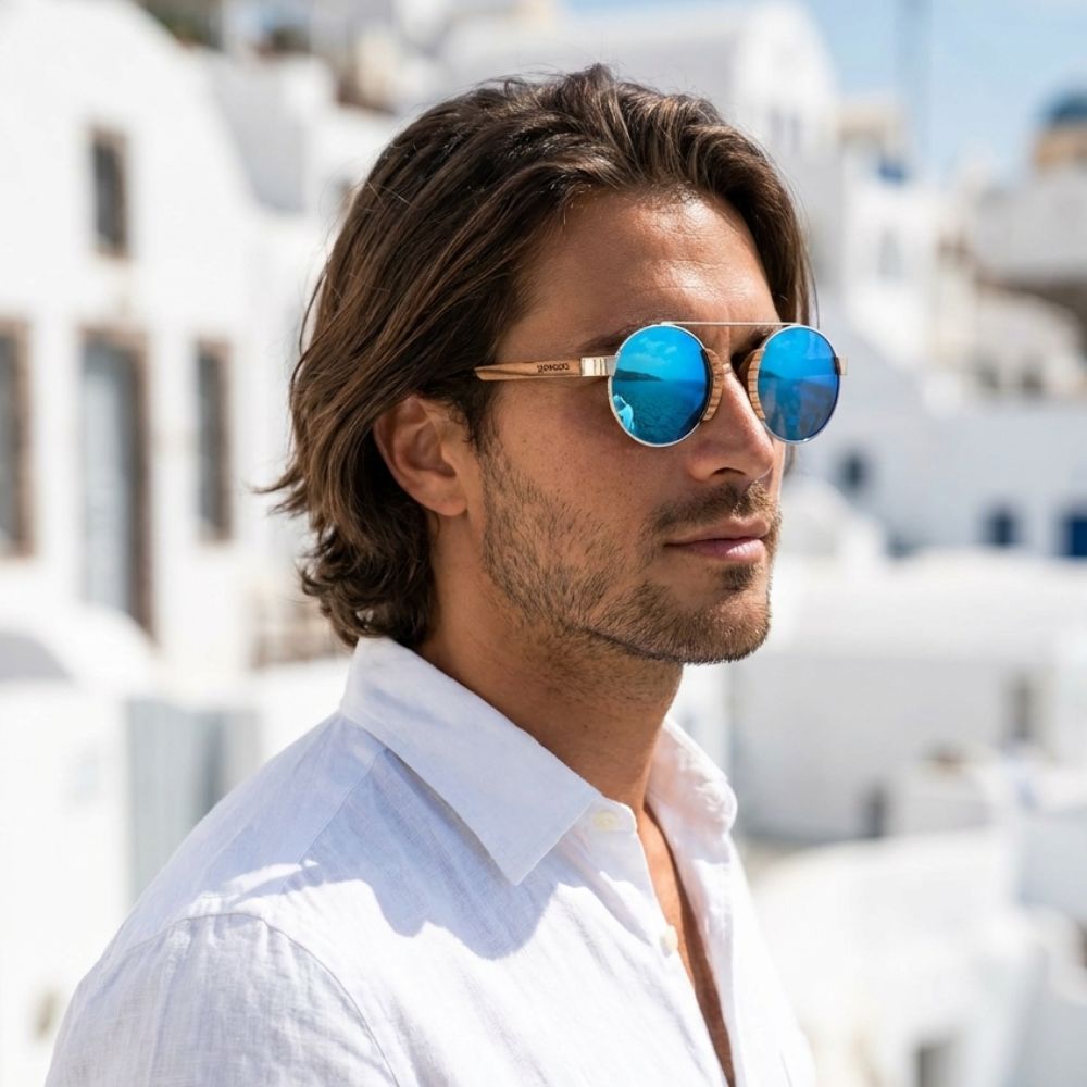 Lunette Soleil Bois Homme - Vintage Bleu