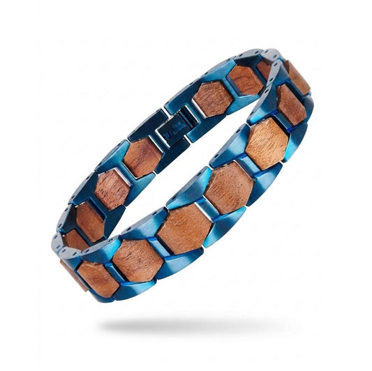 Bracelet homme bois et acier Harlow Bleu Noyer - maillons hexagonaux acier bleu et bois de noyer, vue de face