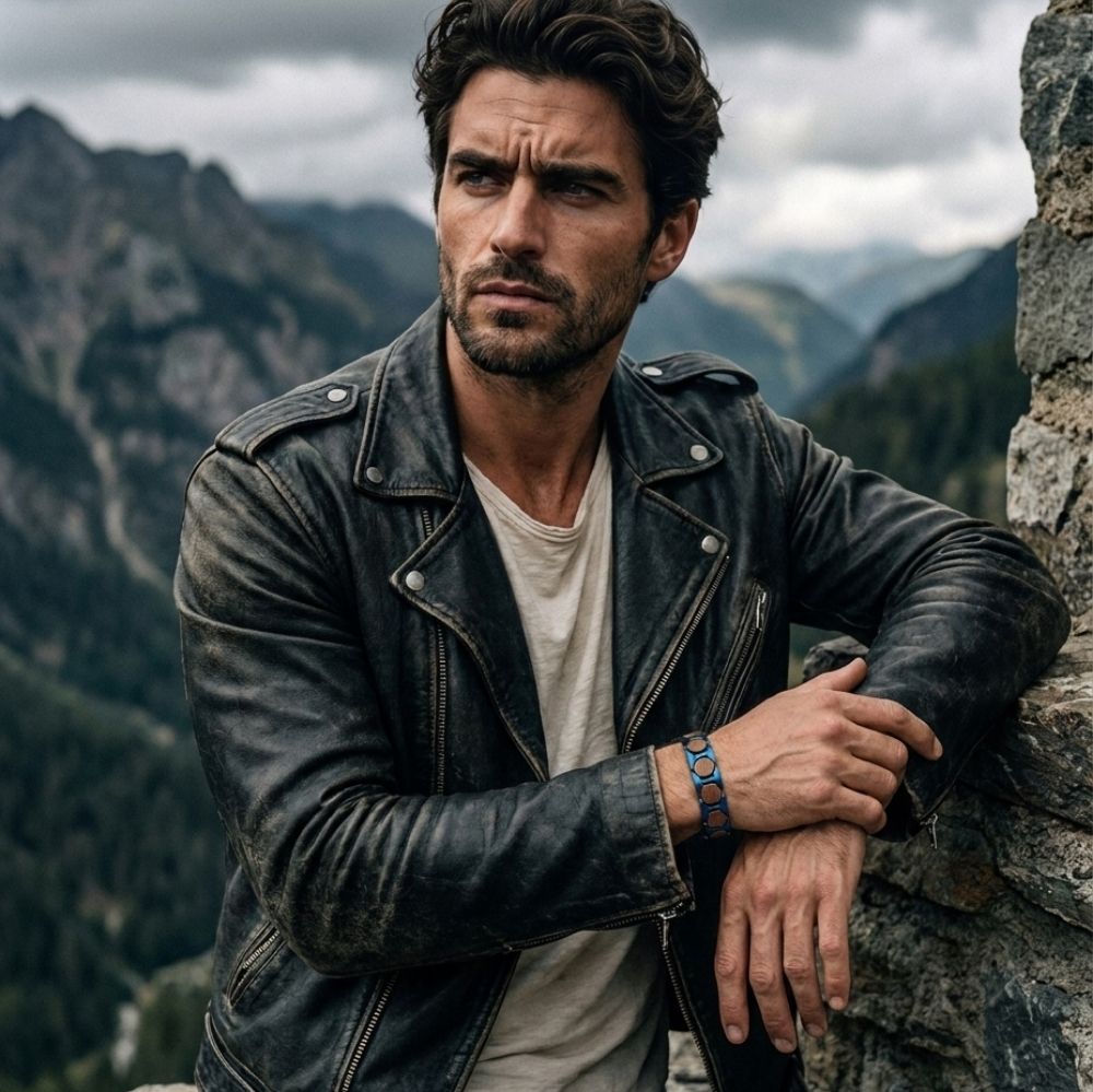 Homme portant le bracelet Harlow Bleu Noyer en veste de cuir face a un paysage de montagne