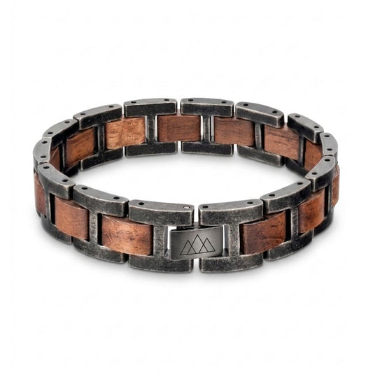 Bracelet homme bois et acier Kestrel - maillons acier brosse finition Gunshot et bois de noyer, vue de face