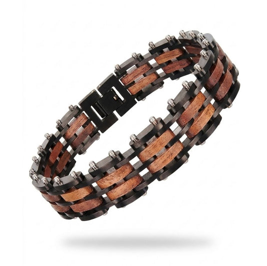 Bracelet homme bois et acier Rowan Noir Noyer - rails rivetes acier noir et bois de noyer, vue de face