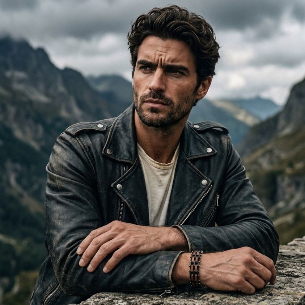 Homme portant le bracelet Rowan Noir Noyer en veste de cuir face a un paysage de montagne