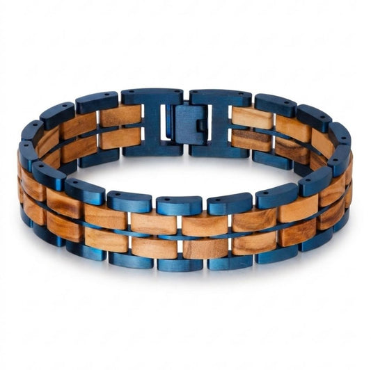 Bracelet homme bois et acier Sequoia Bleu Olivier - trois rangees acier bleu et bois d'olivier, vue de face