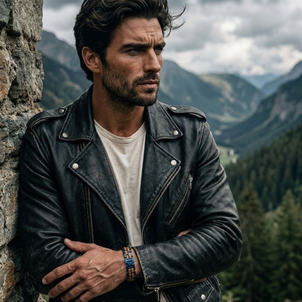 Homme portant le bracelet Sequoia Bleu Olivier en veste de cuir face a un paysage de montagne