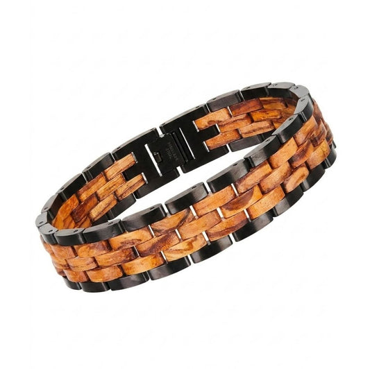 Bracelet homme bois et acier Atlas Noir Olivier - tressage acier noir et bois d'olivier, vue de face