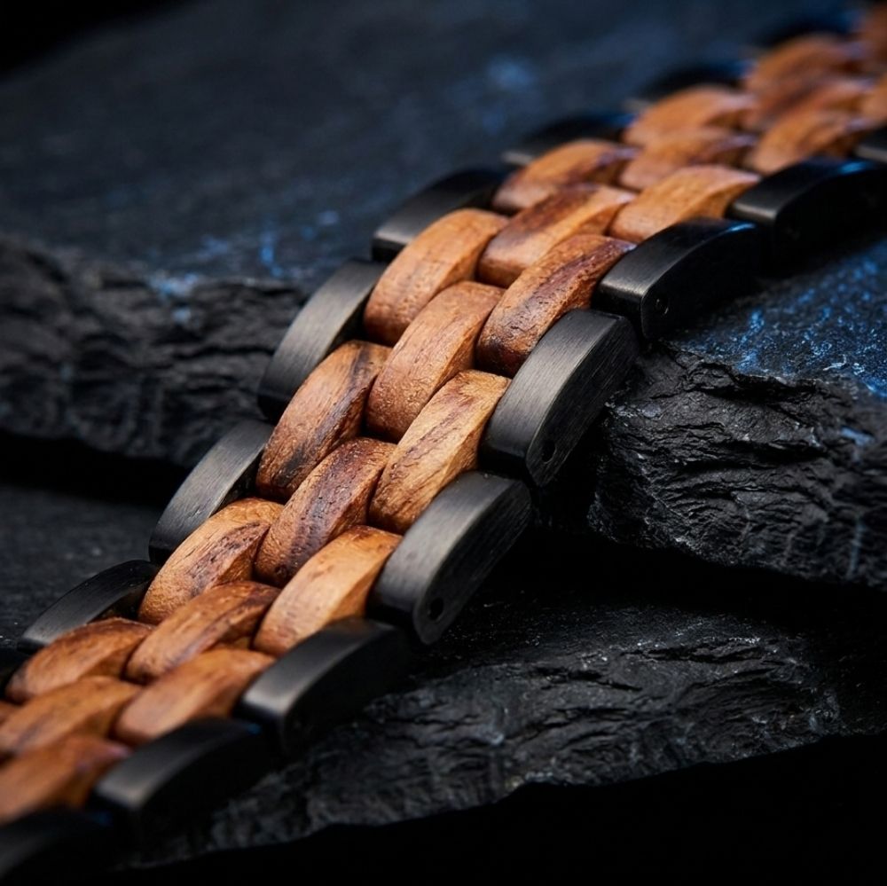 Gros plan sur le tressage du bracelet Atlas Noir Olivier - acier noir mat et grain de l'olivier