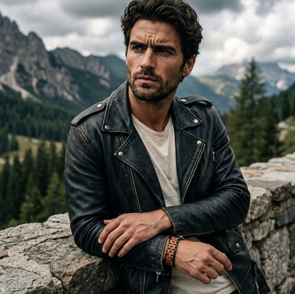 Homme portant le bracelet Atlas Noir Olivier en veste de cuir face a un paysage de montagne