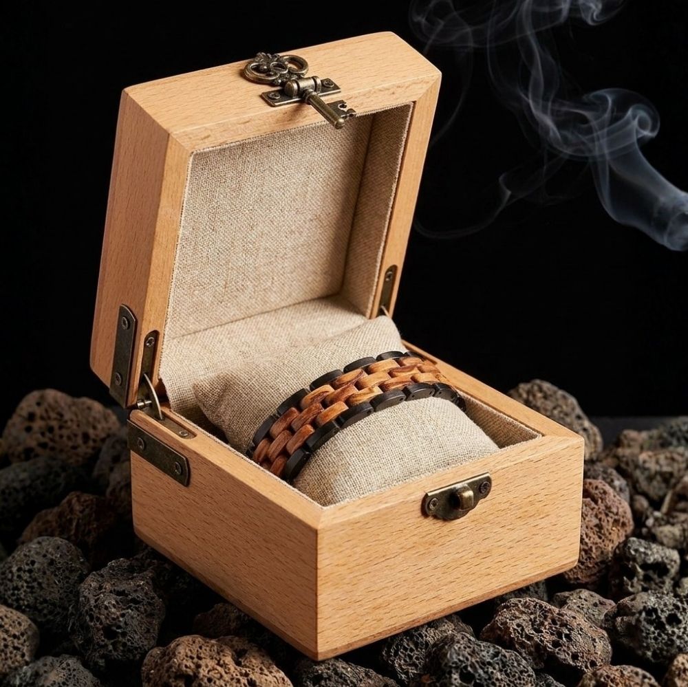 Ecrin en bois du bracelet homme Atlas Noir Olivier - coffret cadeau The Wood Stock