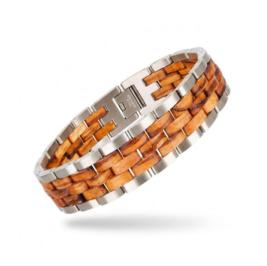 Bracelet homme bois et acier Atlas Poli Olivier - tressage acier poli et bois d'olivier, vue de face