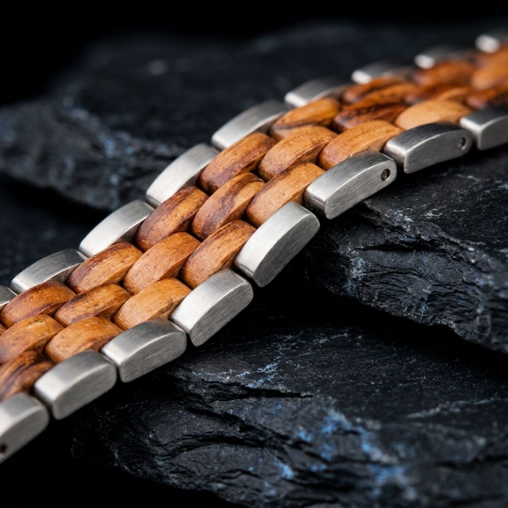 Gros plan sur le tressage du bracelet Atlas Poli Olivier - acier poli et grain de l'olivier