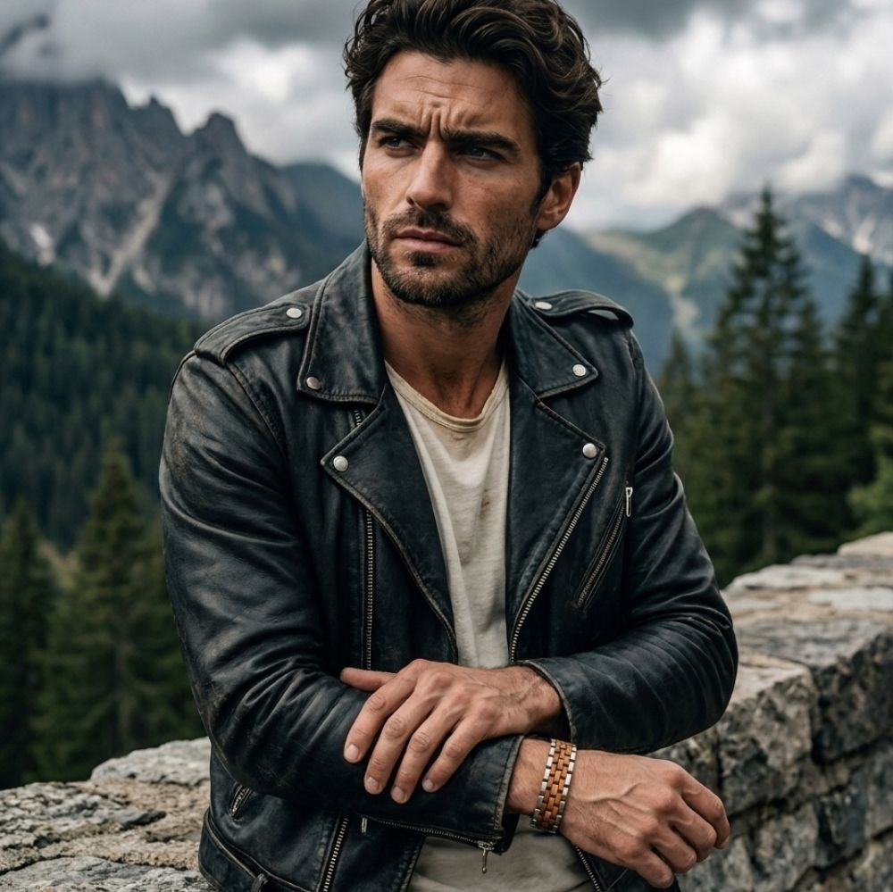 Homme portant le bracelet Atlas Poli Olivier en veste de cuir face a un paysage de montagne