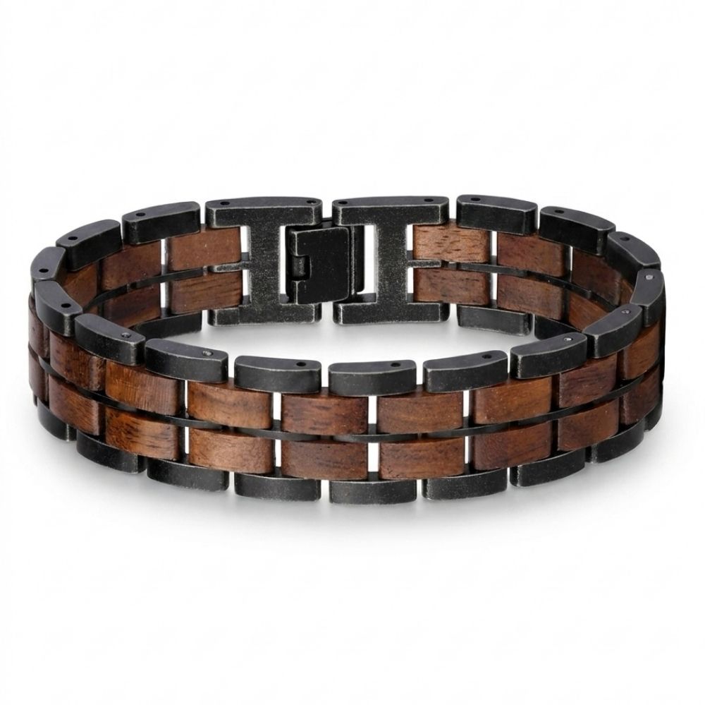 Bracelet homme bois et acier Sequoia Noir Noyer - trois rangees acier noir et bois de noyer, vue de face
