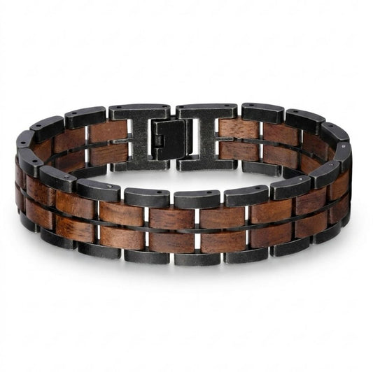 Bracelet homme bois et acier Sequoia Noir Noyer - trois rangees acier noir et bois de noyer, vue de face