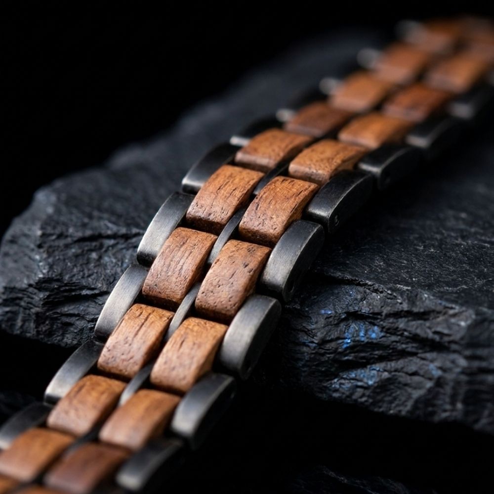 Gros plan sur les maillons du bracelet Sequoia Noir Noyer - acier noir vieilli et grain du noyer