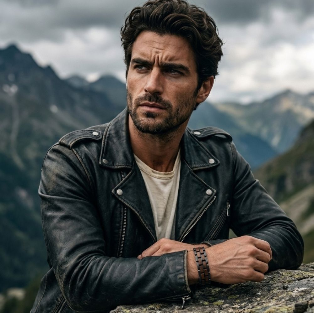 Homme portant le bracelet Sequoia Noir Noyer en veste de cuir face a un paysage de montagne