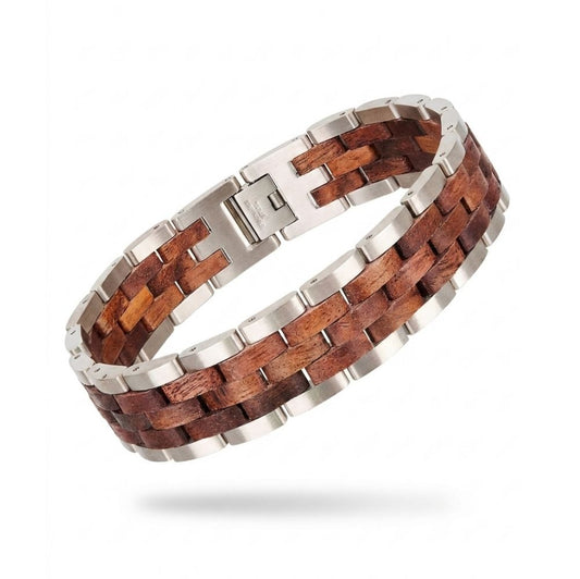 Bracelet homme bois et acier Atlas Brosse Noyer - tressage acier brosse et bois de noyer, vue de face