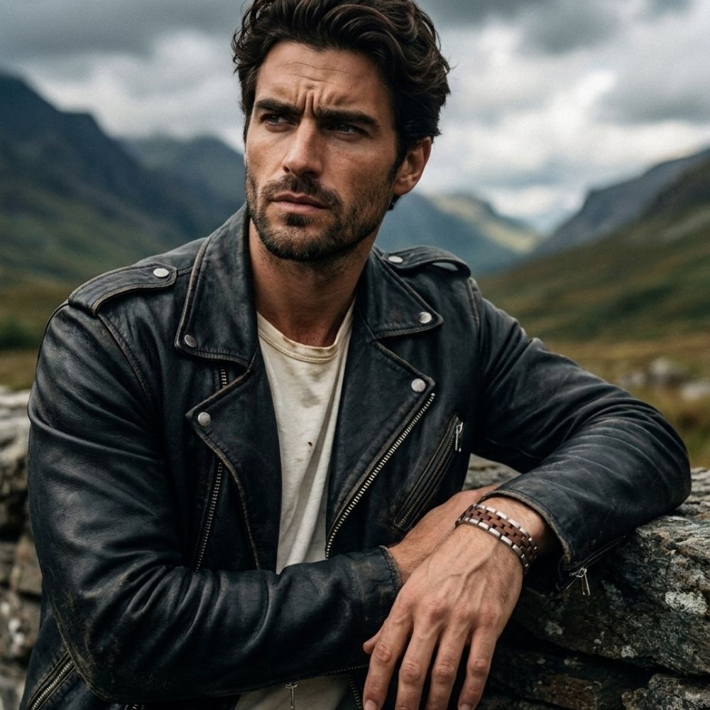 Homme portant le bracelet Atlas Brosse Noyer en veste de cuir face a un paysage de montagne