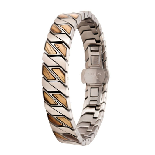 Bracelet homme bois et acier Faron Brosse Erable - bandes diagonales acier brosse et bois d'erable, vue de face