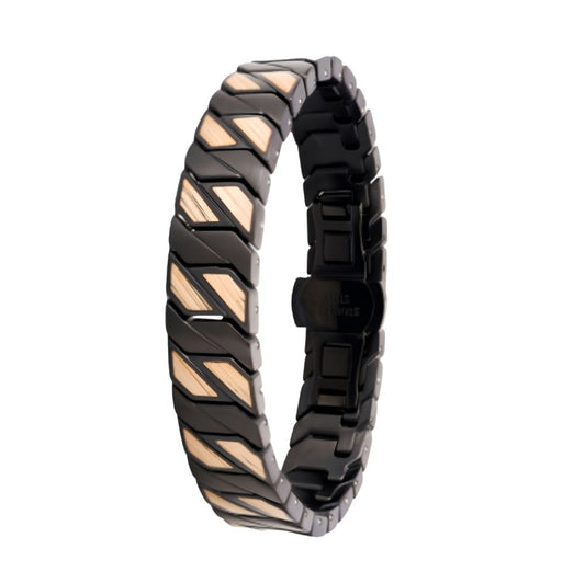 Bracelet homme bois et acier Faron Noir Erable - bandes diagonales acier noir et bois d'erable, vue de face