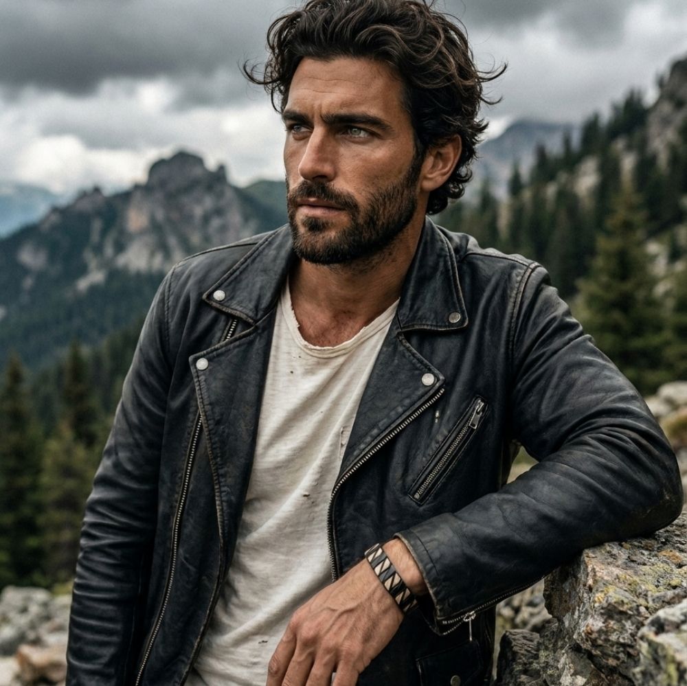 Homme portant le bracelet Faron Noir Erable en veste de cuir face a un paysage de montagne