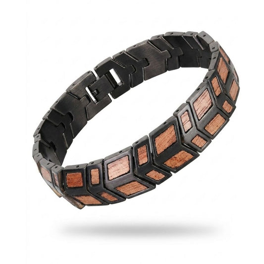 Bracelet homme bois et acier Orwell Noir Noyer - motif chevrons acier noir et bois de noyer, vue de face