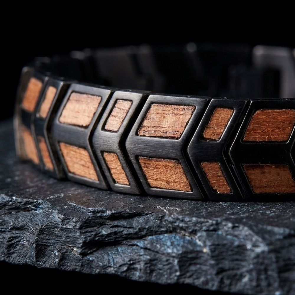 Gros plan sur le motif chevrons du bracelet Orwell Noir Noyer - acier noir brosse et grain du noyer