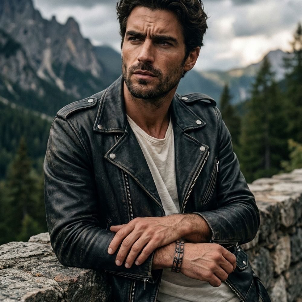 Homme portant le bracelet Orwell Noir Noyer en veste de cuir face a un paysage de montagne