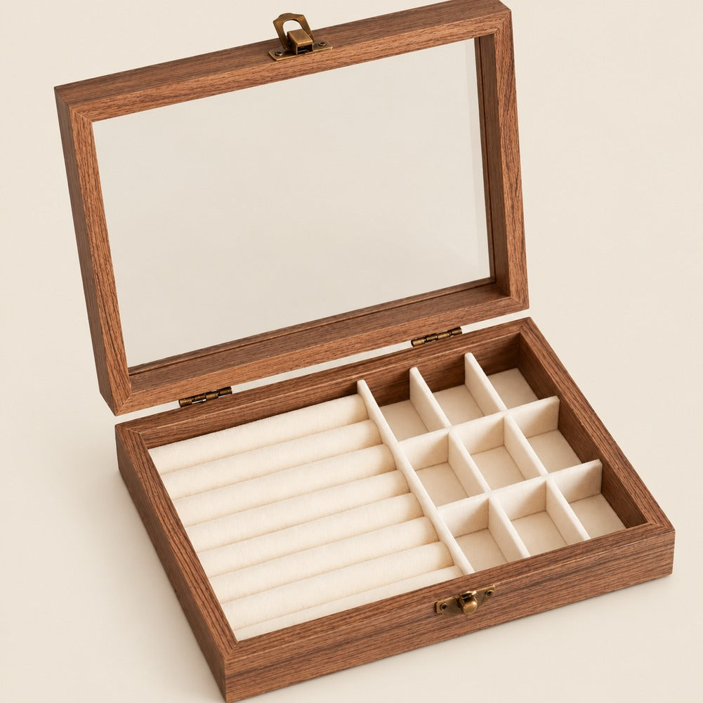 Boîte à Bagues et Bijoux en Bois 9 Cases - Altis, ouverte