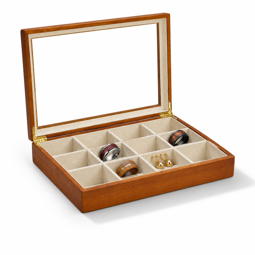 Boîte à Bijoux en Bois 12 Compartiments Beige - Noria, garnie