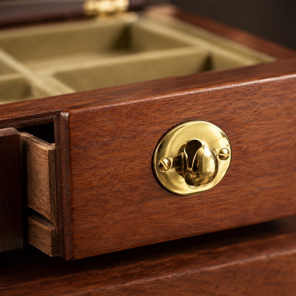 Boîte à Bijoux en Bois avec Tiroirs et Miroir - Miralis, détail de la fermeture