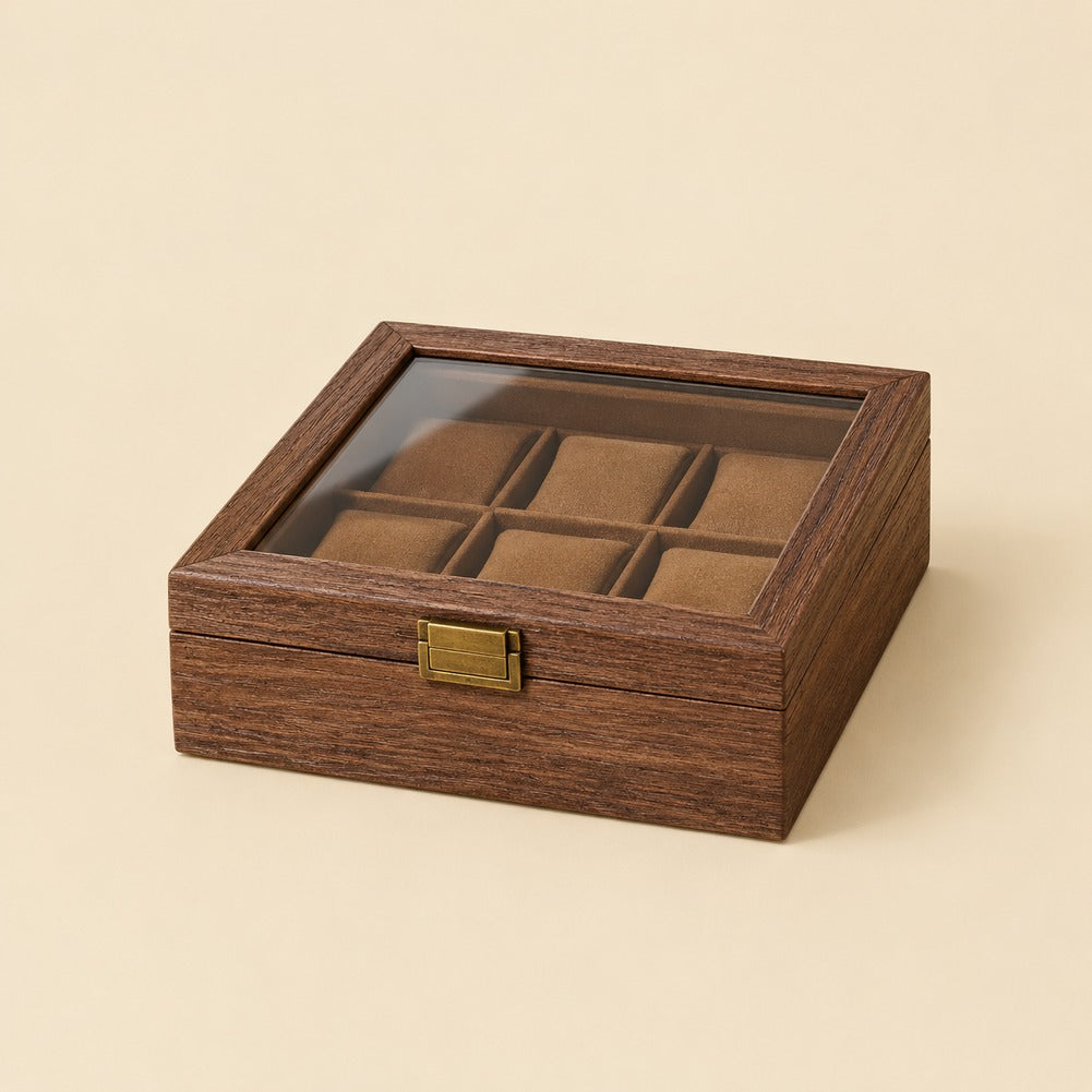 Boîte à Montre Carrée en Bois de Noyer 6 Montres - Tornal, fermée