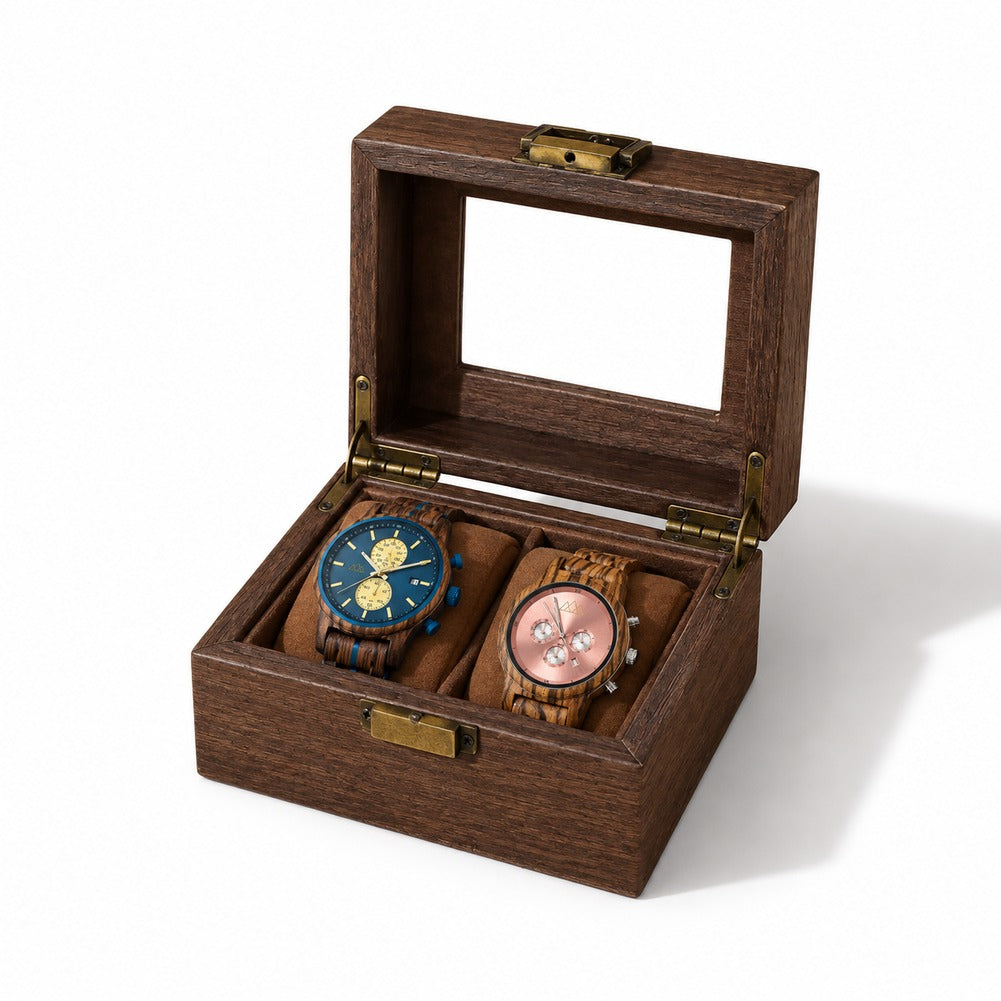 Boîte à Montre de Voyage en Bois de Noyer 2 Montres - Tornal, garnie