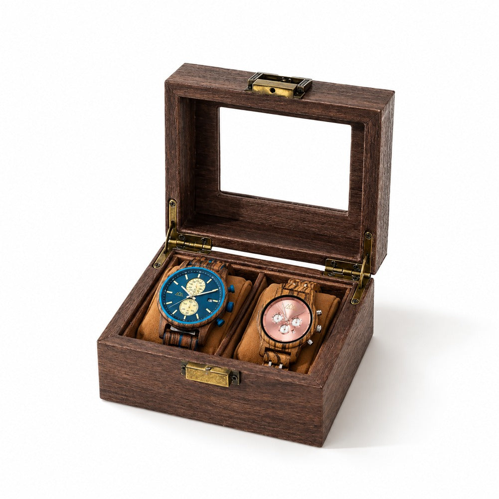 Boîte à Montre de Voyage en Cuir et Bois 2 Montres - Corium, garnie