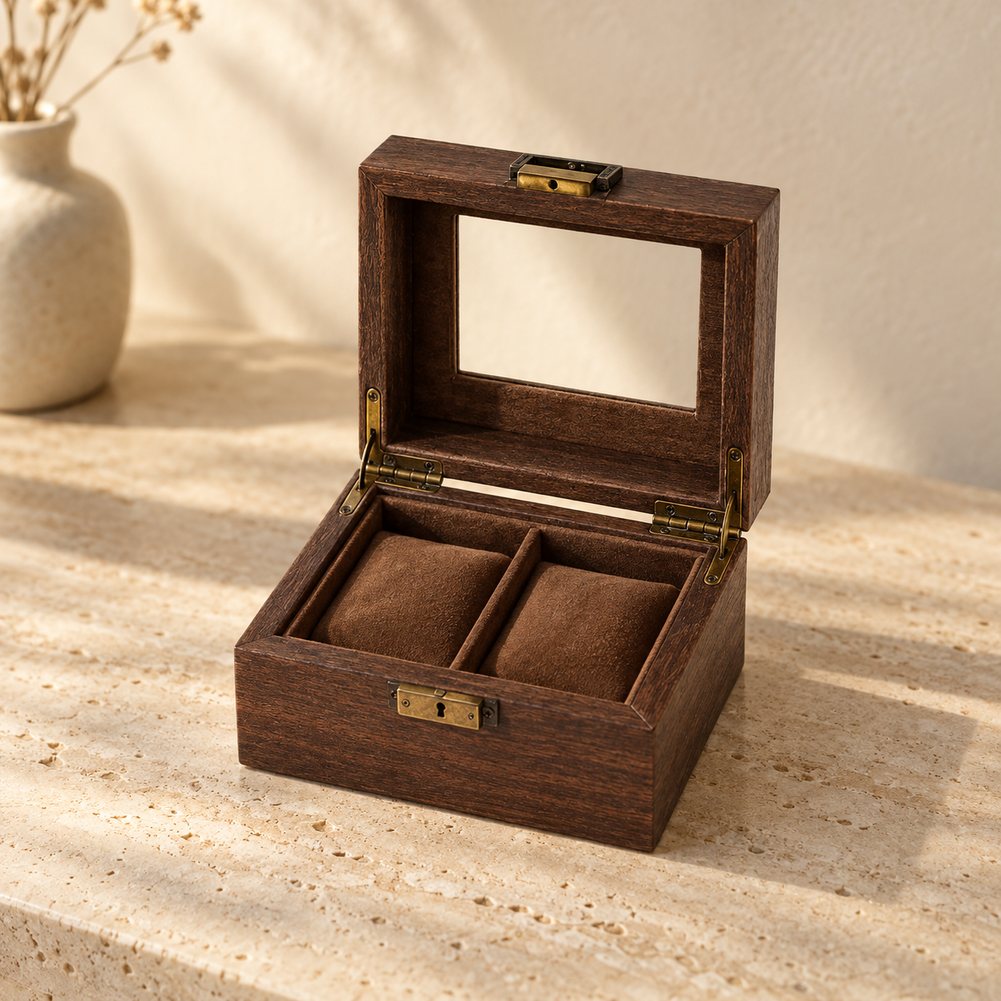 Boîte à Montre de Voyage en Cuir et Bois 2 Montres - Corium, en ambiance