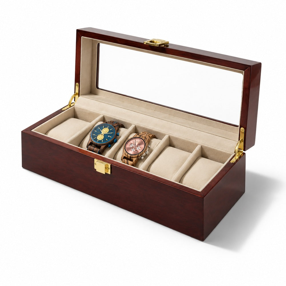 Boîte à Montre en Bois d'Acajou 5 Montres - Verrio, garnie