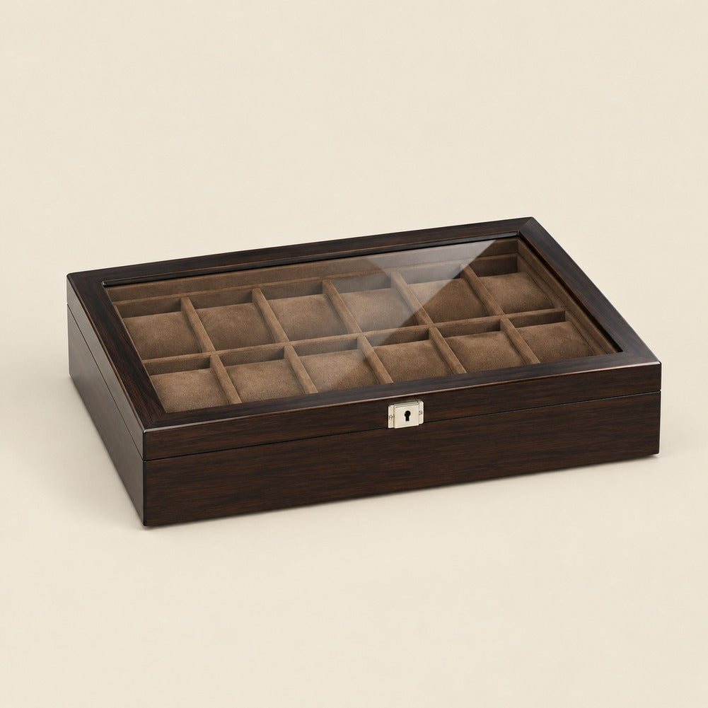 Boîte à Montre Homme Luxe en Bois d'Ébène 12 Montres - Regalis, fermée
