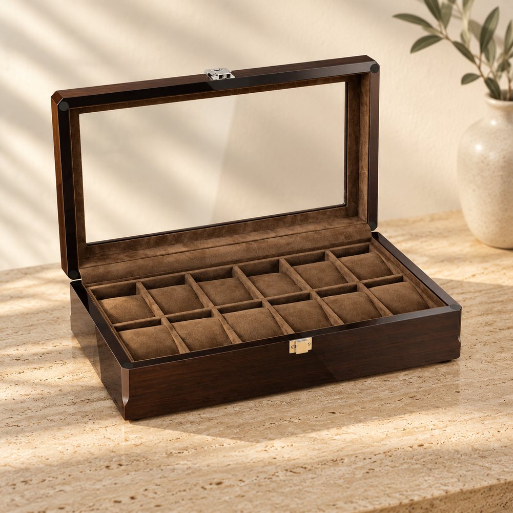 Boîte à Montre Homme Luxe en Bois d'Ébène 12 Montres - Regalis, en ambiance