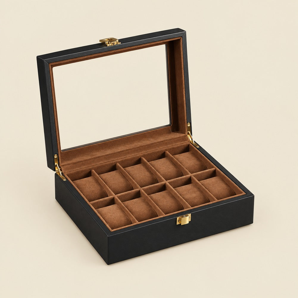 Boîte à Montres en Bois d'Ébène 10 Montres - Noctis, ouverte